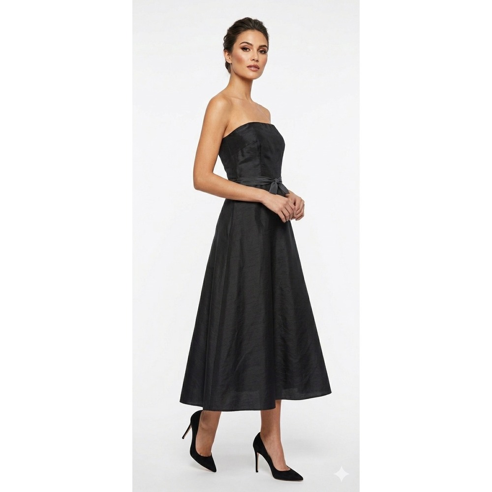 Lynn Lugo Black 100% Silk Strapless‎ Midi Dress Size 12 Bow Made in USA